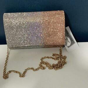 Jessica McClintock Rose Gold to Silver Rhinestone Ombre Chain Clutch